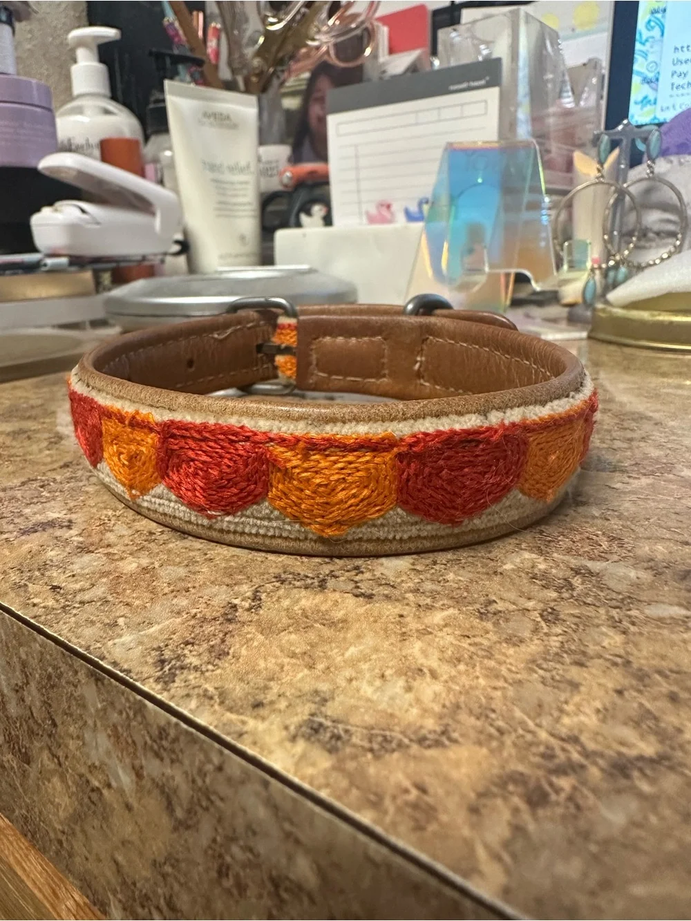Embroidered Leather Dog Collar with Orange & Red Hearts